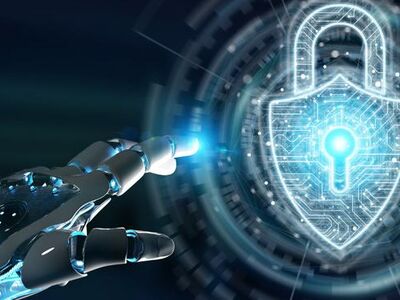Roboterhand zeigt auf leuchtendes Vorhängeschloss