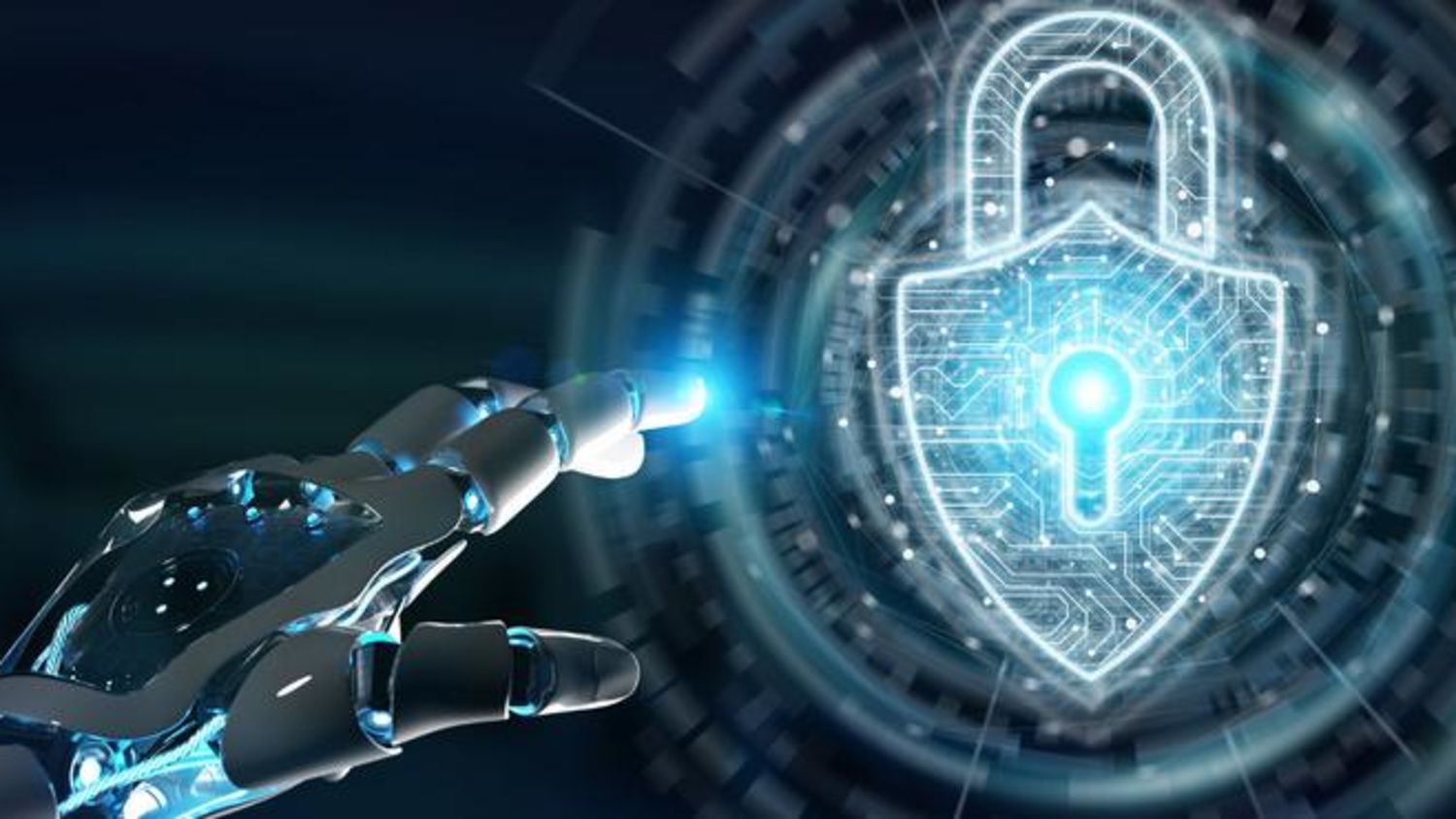 Roboterhand zeigt auf leuchtendes Vorhängeschloss