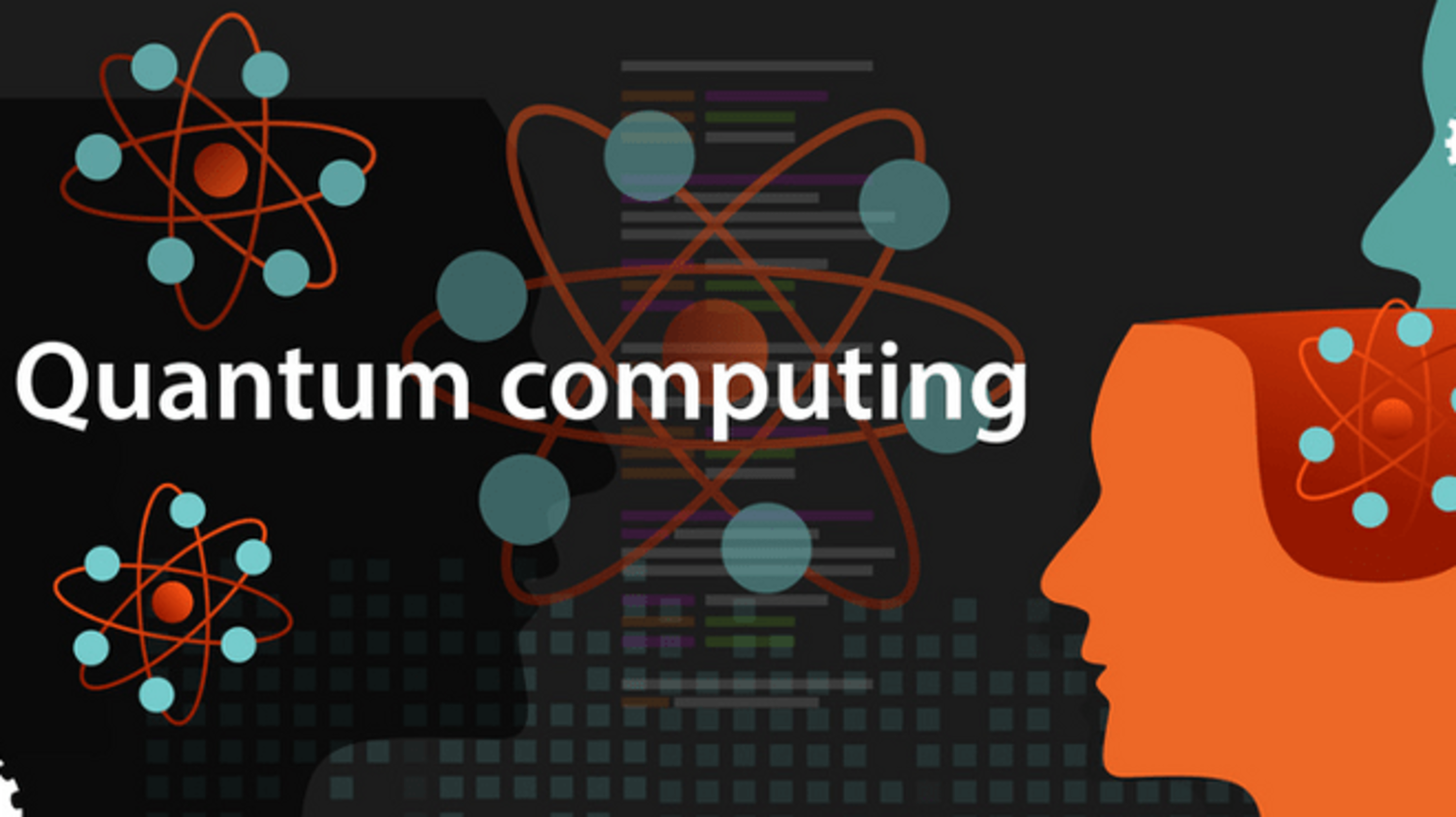‘quantum computing’ lettering next to the outline drawing of heads